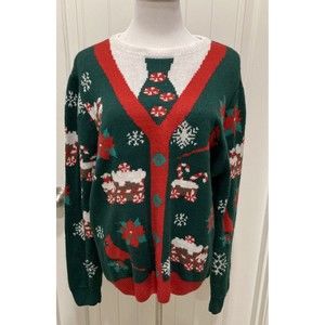 Ugly Party Sweater Dec 25th SZ L Christmas Holiday Santa With Mock Tie/ Buttons